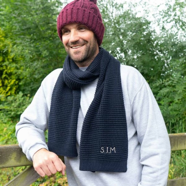 navy blue waffle knit personalized monogram mens scarf