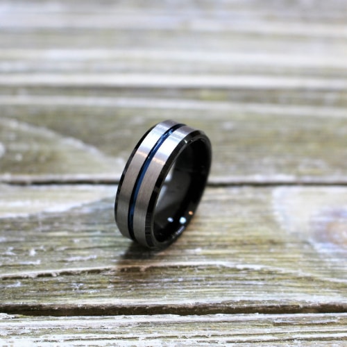 brushed titanium carbide ring with blue groove